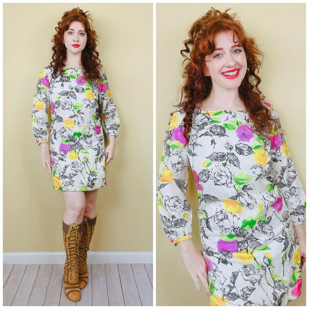 1960s Vintage Cream Acetate Pink Floral Dress Gogo Mod Shift Flower Medium